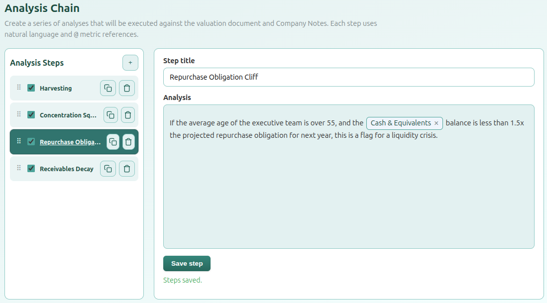 Key Topics Review: configurable steps and run results for a valuation document