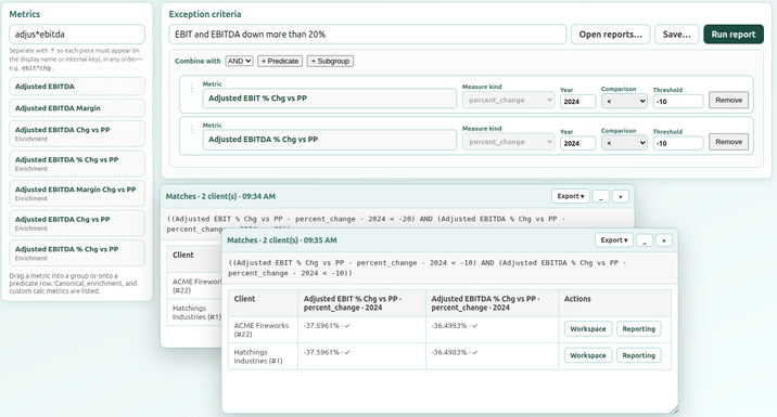 Portfolio exception reporting: cross-client signals and outlier analysis