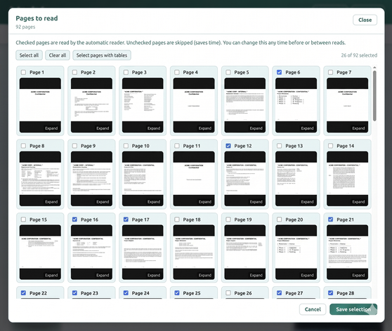 Imported document pages view with thumbnails and page selection